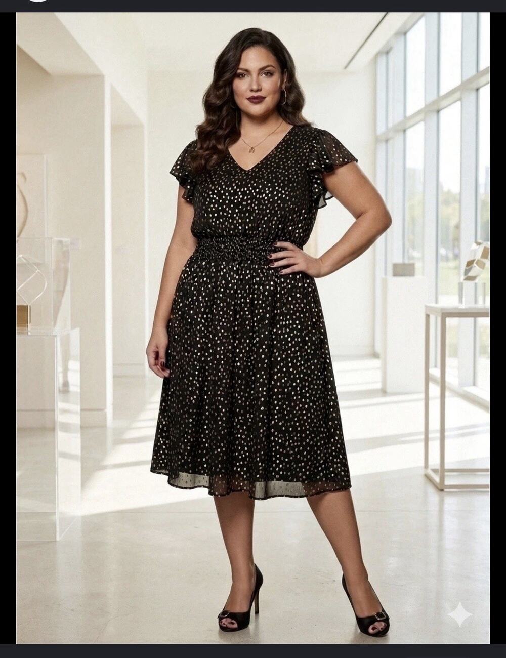 NEW MSK Midi Fit & Flare V Neck Dress Black Gold Evening Party Cocktail Wedding